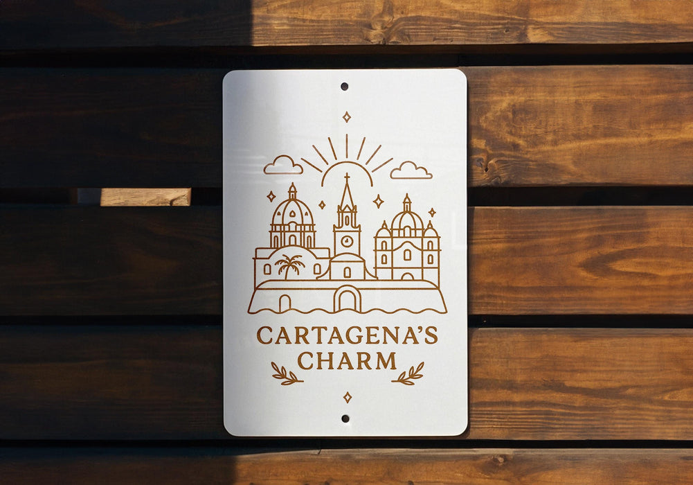 a sign on a wooden bench that says cartagenas charm