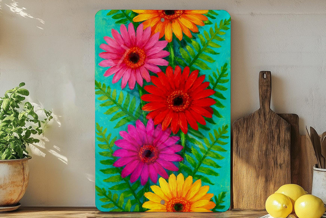 a painting of colorful flowers on a green background