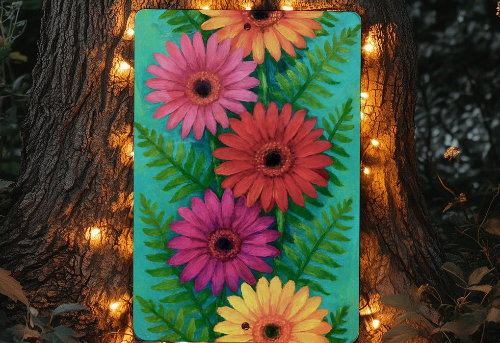 a painting of colorful flowers on a green background