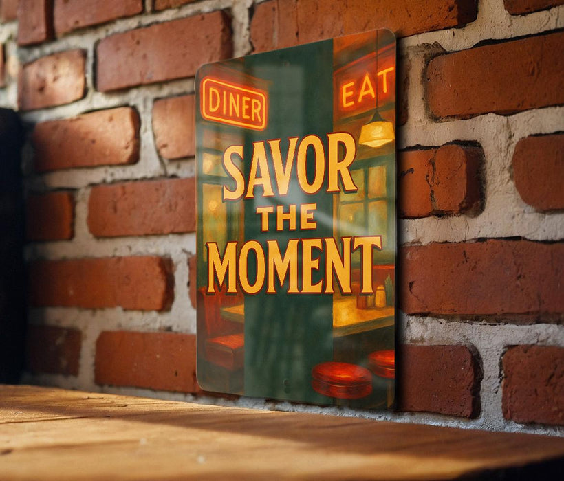 a sign that says savor the moment on a brick wall