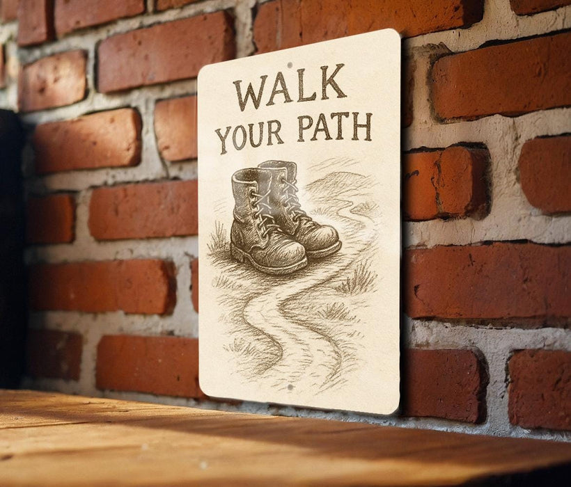 a sign on a brick wall that says walk your path