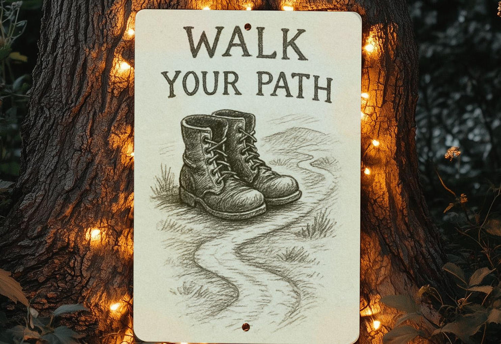 a sign that reads walk your path on a tree