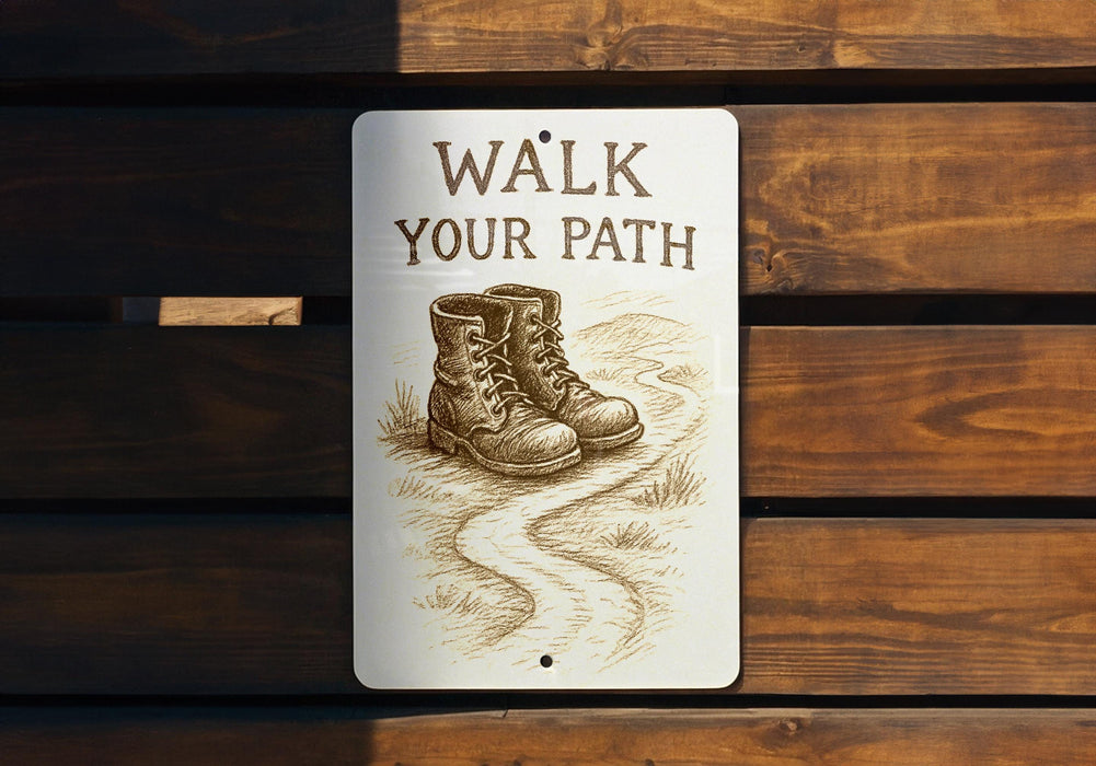 a sign on a wooden bench that says walk your path