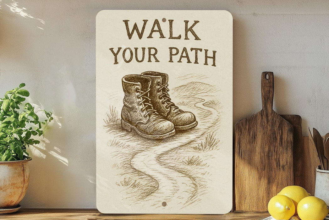 a sign that says walk your path next to a potted plant