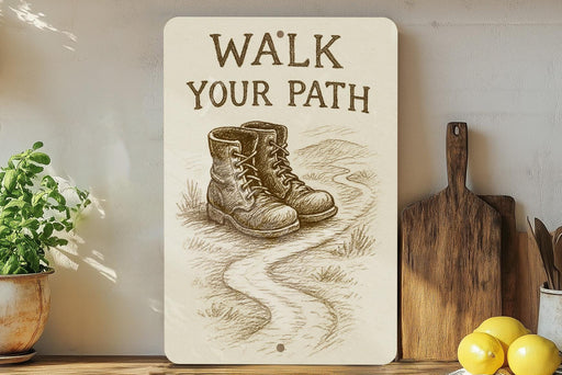 a sign that says walk your path next to a potted plant