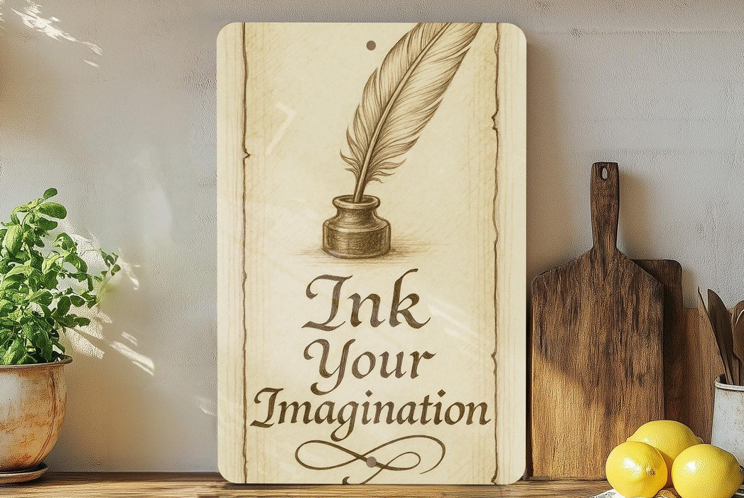 a wooden sign that says ink your imagination on it