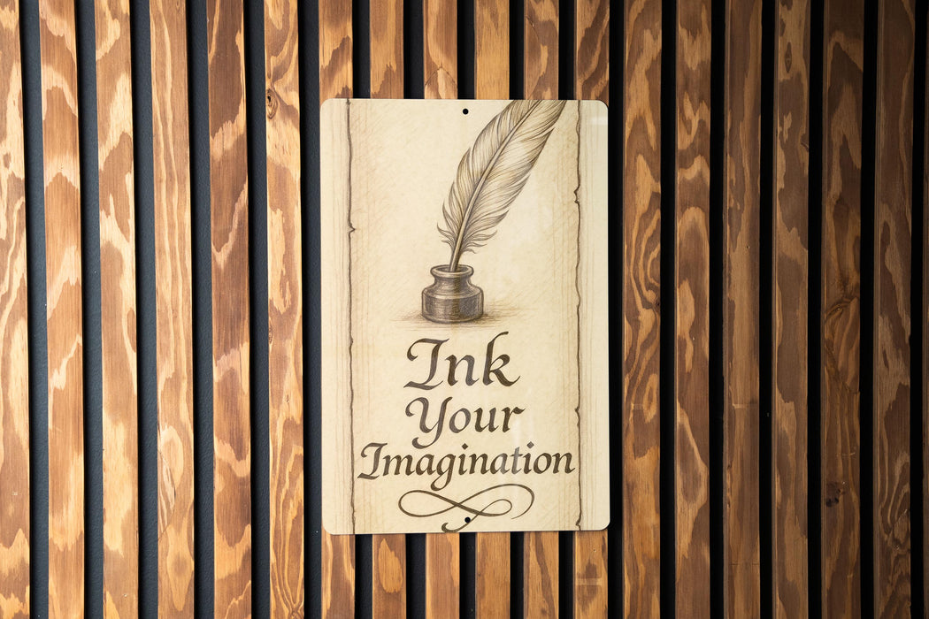 a sign on a wooden wall that says ink your imagination