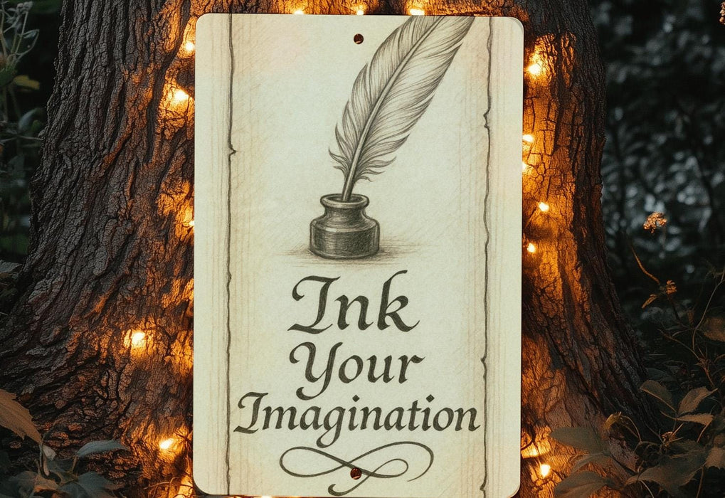 a sign with a feather quill on it next to a tree