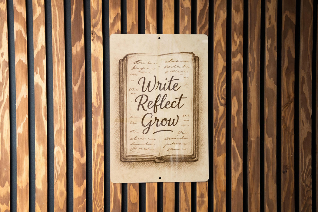 a sign on a wooden wall that says write reflect grow