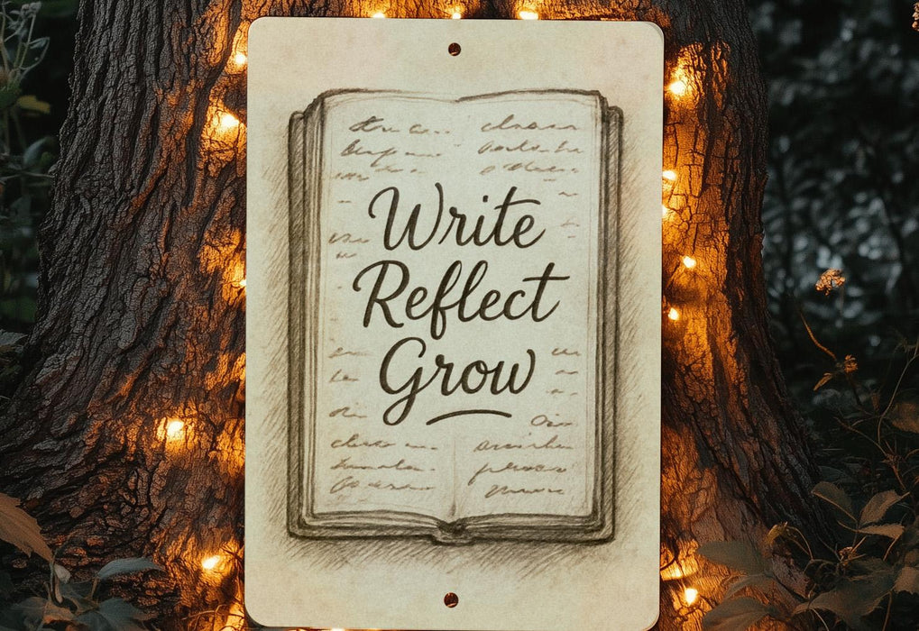 a sign that reads write reflect grow on a tree