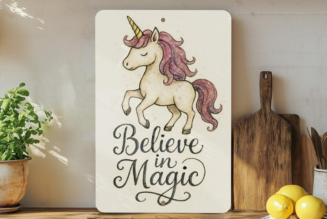 a wooden sign that says believe in magic with a unicorn on it