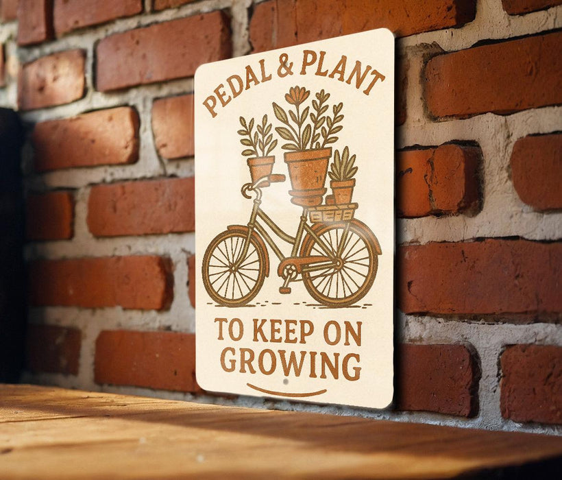 a sign on a brick wall that says pedal and plant to keep on growing