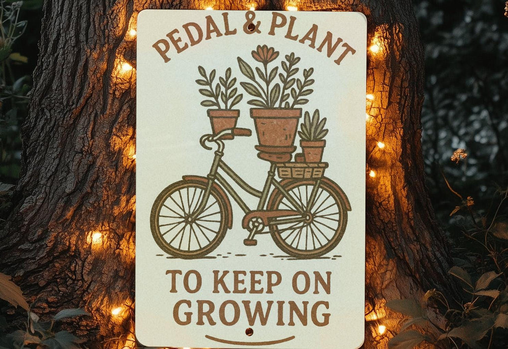 a sign that says pedal and plant to keep on growing