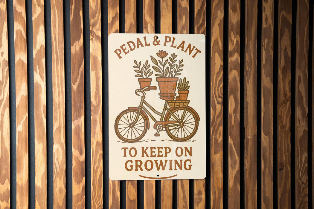 a sign on a wooden wall that says pedal & plant to keep on growing