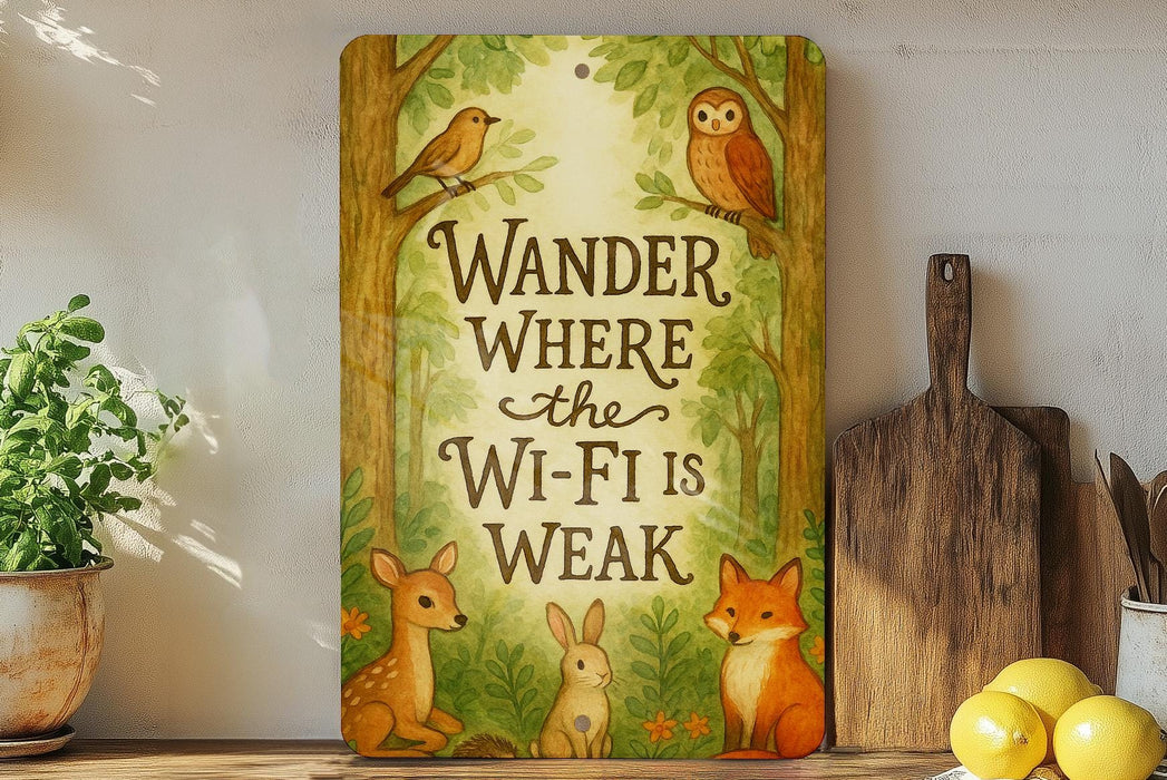 a picture of a sign that says, wander where the wi - fi is weak