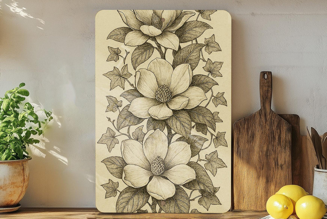 a picture of a flower on a wall next to a cutting board