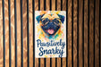 a picture of a pug sticker on a wooden wall
