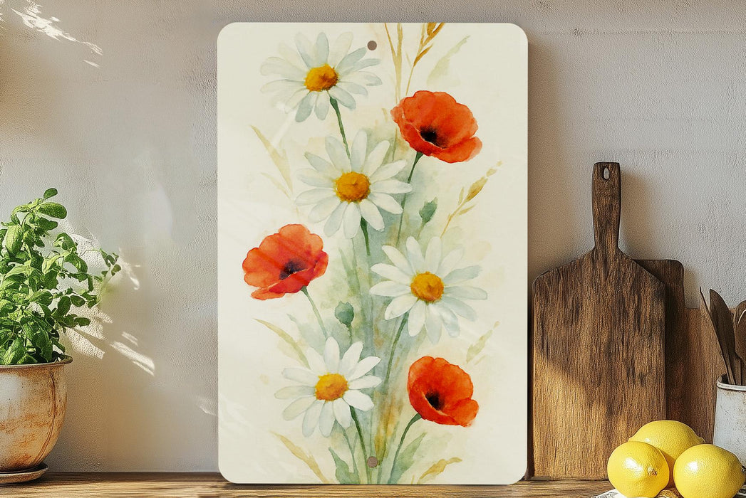 a painting of red and white flowers on a shelf