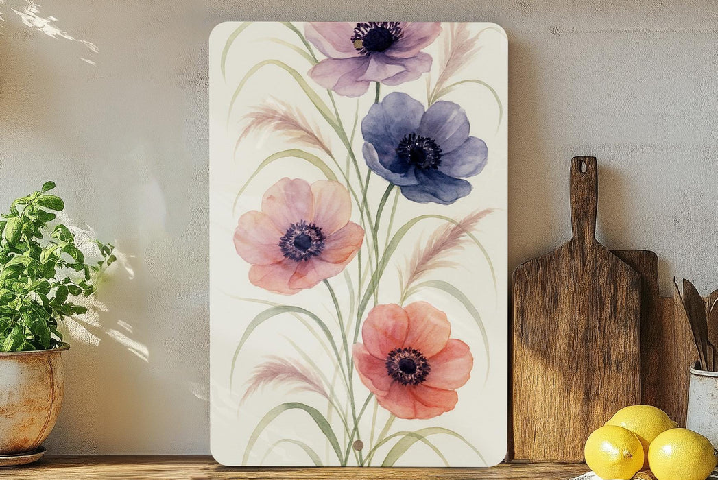 Vertical Metal Wall Art | Watercolor Anemones & Ornamental Grasses | Modern Botanical Home Decor | 1:4 Ratio Metal Sign