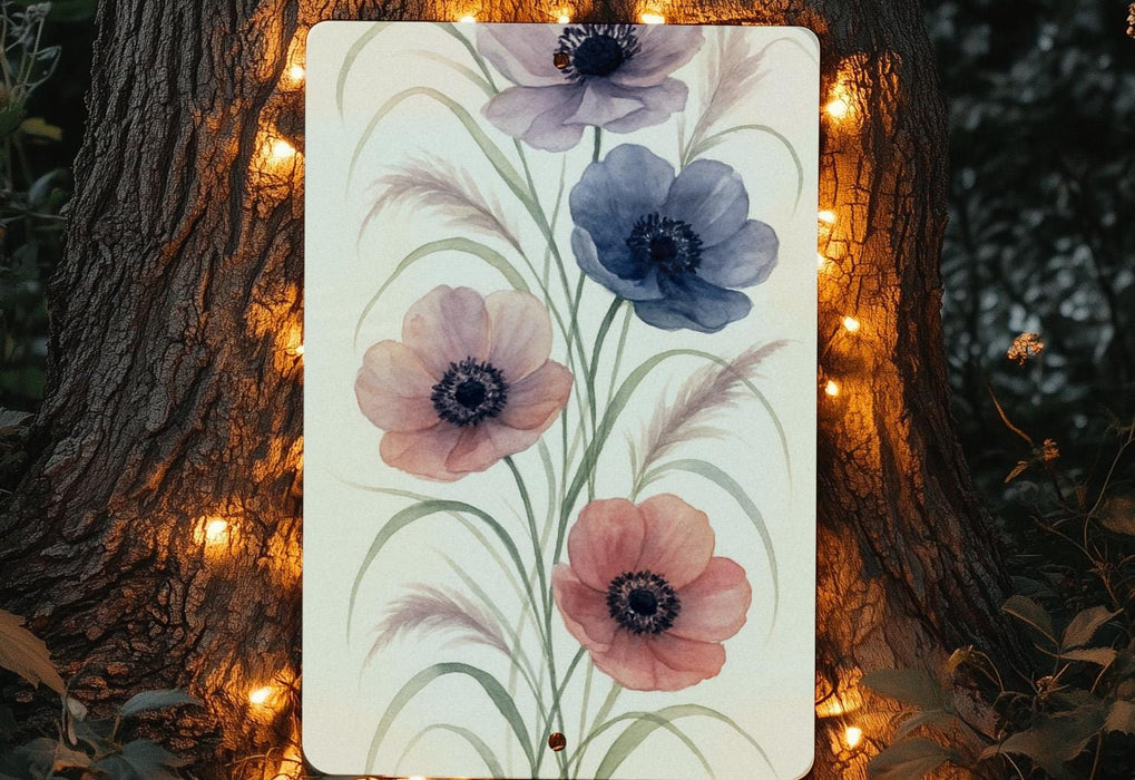 Vertical Metal Wall Art | Watercolor Anemones & Ornamental Grasses | Modern Botanical Home Decor | 1:4 Ratio Metal Sign