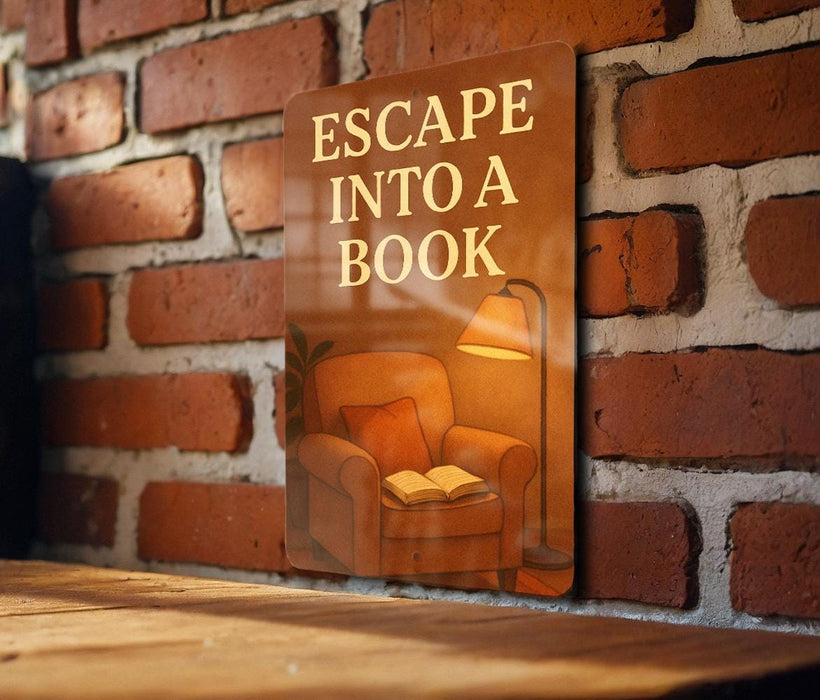 a sign that reads escape into a book on a brick wall