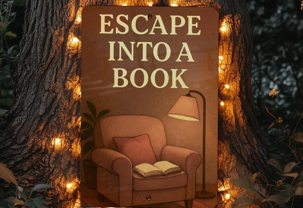 a sign that reads escape into a book