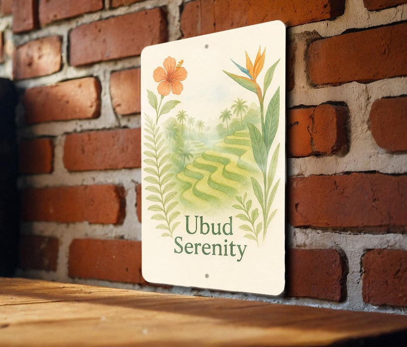 a sign on a brick wall that says ubud serenity