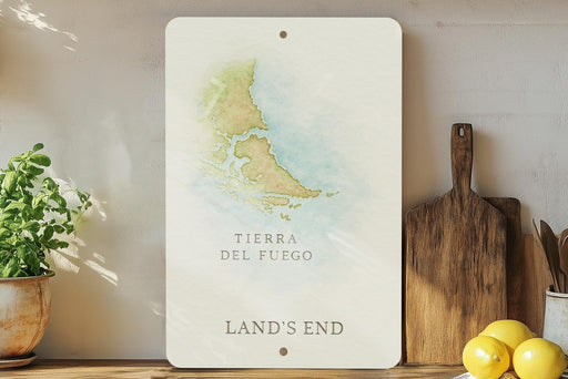 Tierra del Fuego Watercolor Metal Sign – Land’s End Argentina Wall Art, Rustic Travel Decor, Patagonian Archipelago Gift