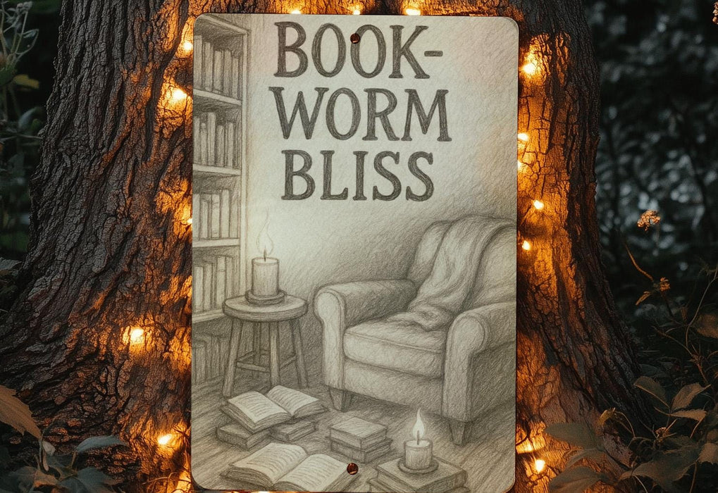 a picture of a book wormm bliss sign on a tree