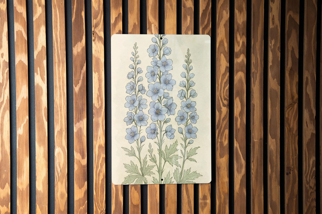 a picture of blue flowers on a wooden wall