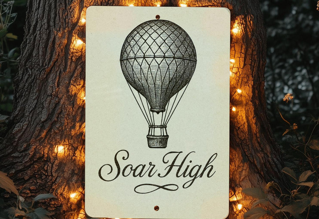 a sign that says soar high with a hot air balloon