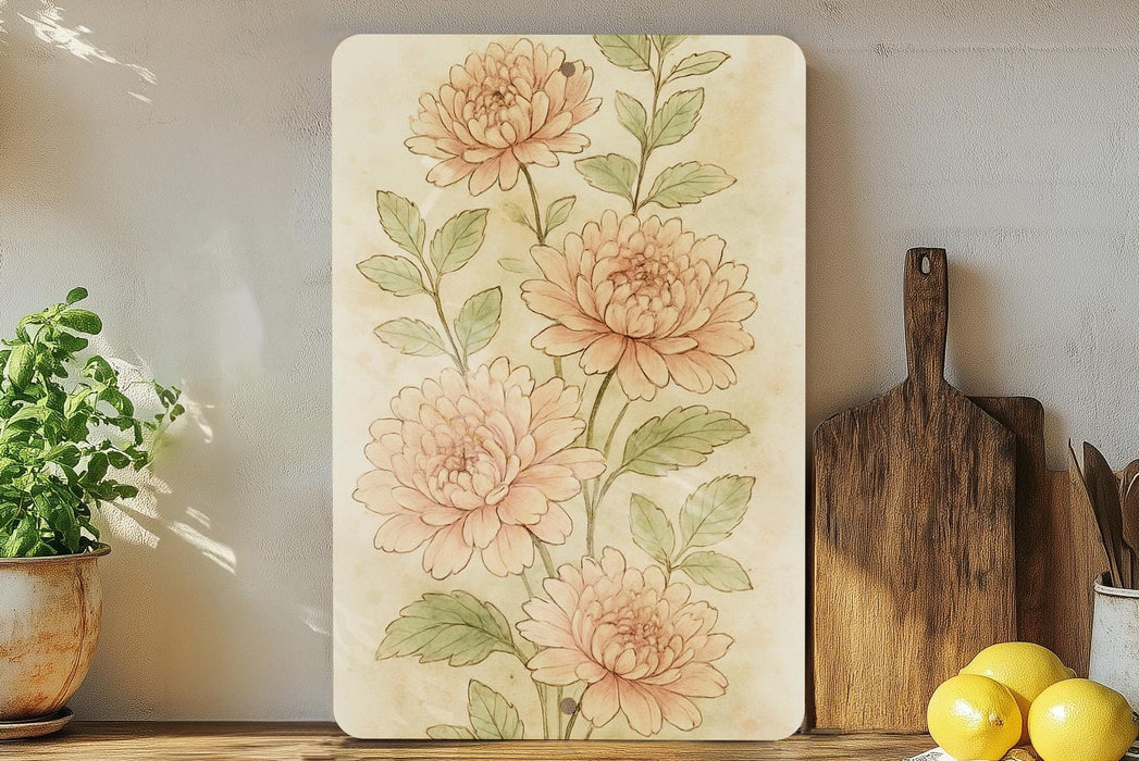 a painting of flowers on a wall next to a cutting board