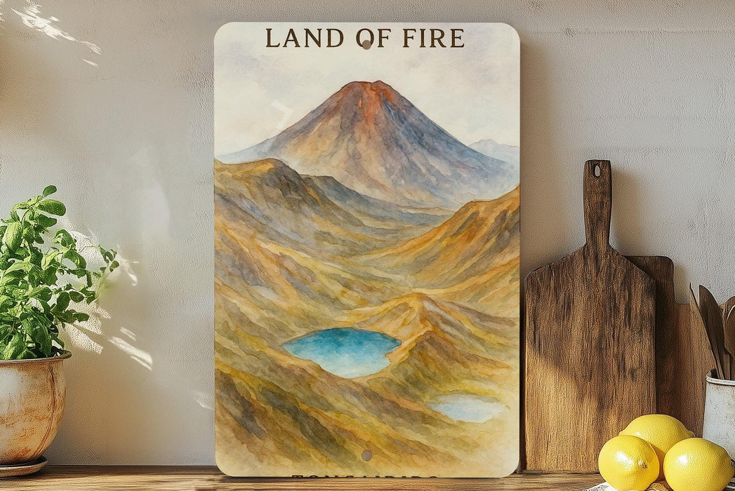 a painting of a mountain with a lake in the middle