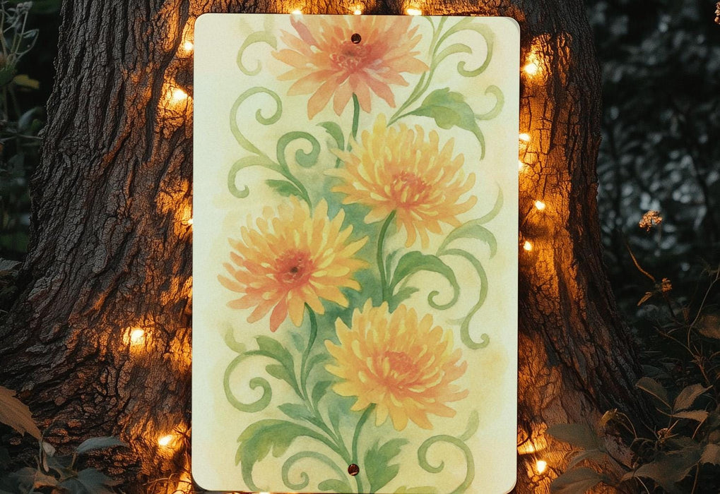 a painting of flowers is hanging on a tree