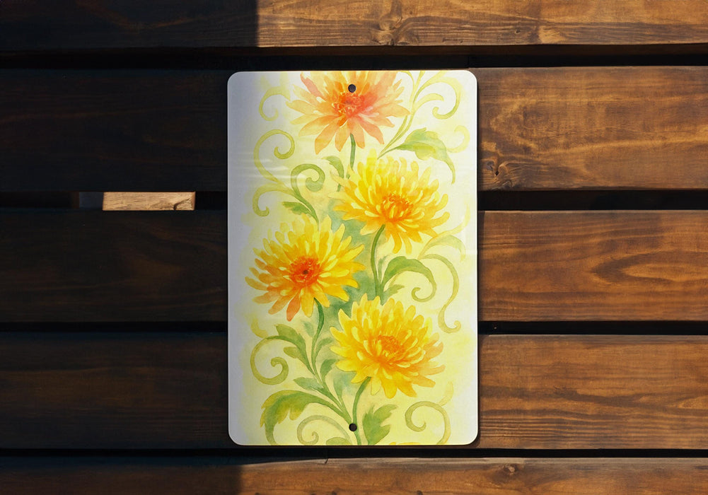 a painting of yellow and orange flowers on a wooden bench