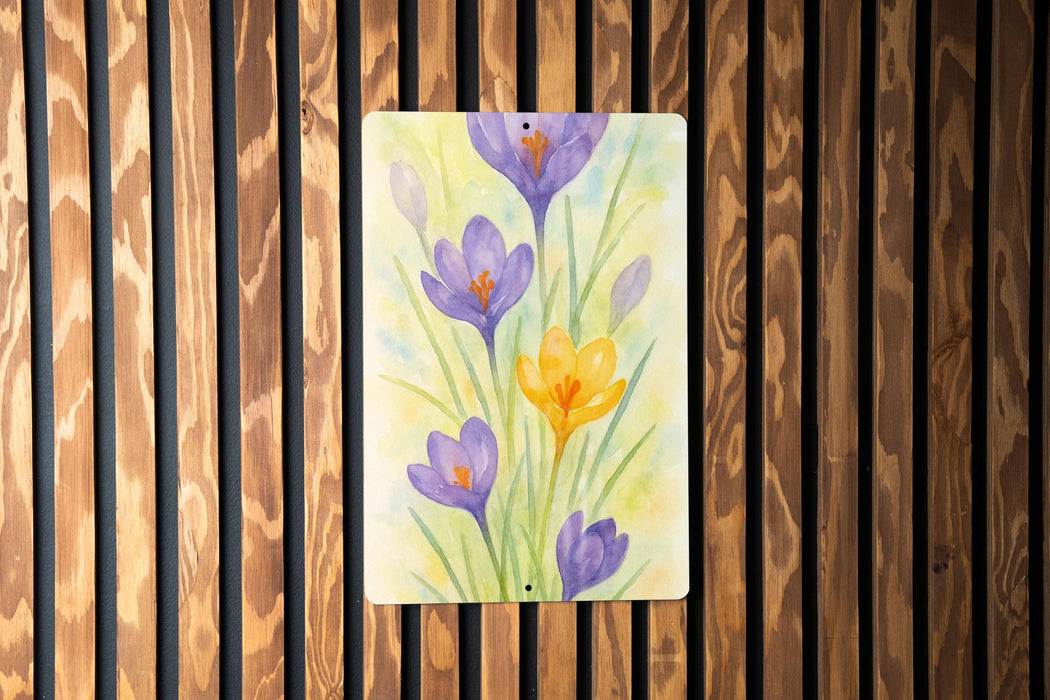 a painting of purple and yellow flowers on a wooden wall