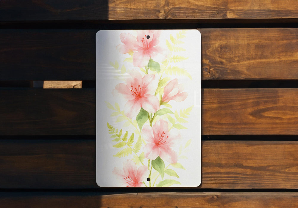 a painting of pink flowers on a wooden bench