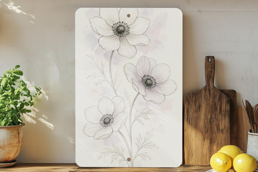 a painting of flowers on a wall next to a cutting board