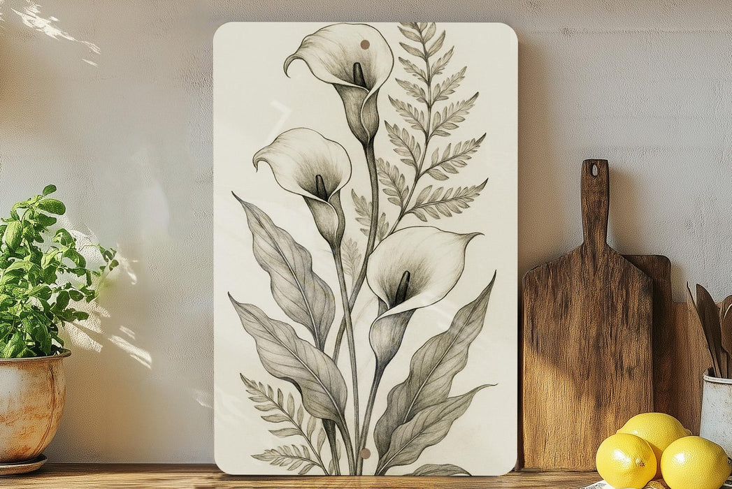 a painting of flowers on a wall next to a cutting board