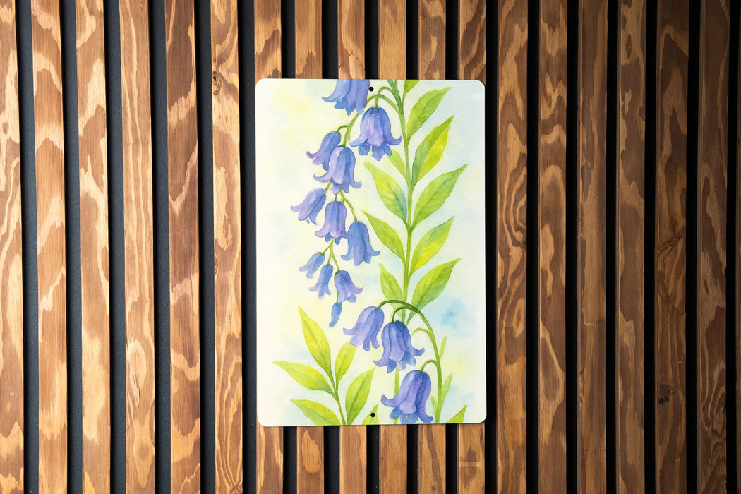 a painting of blue flowers on a wooden wall