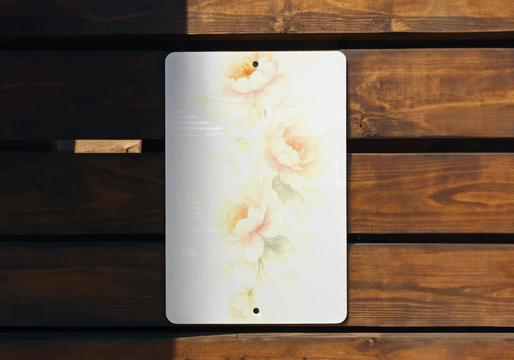 a picture of flowers painted on the side of a wooden bench
