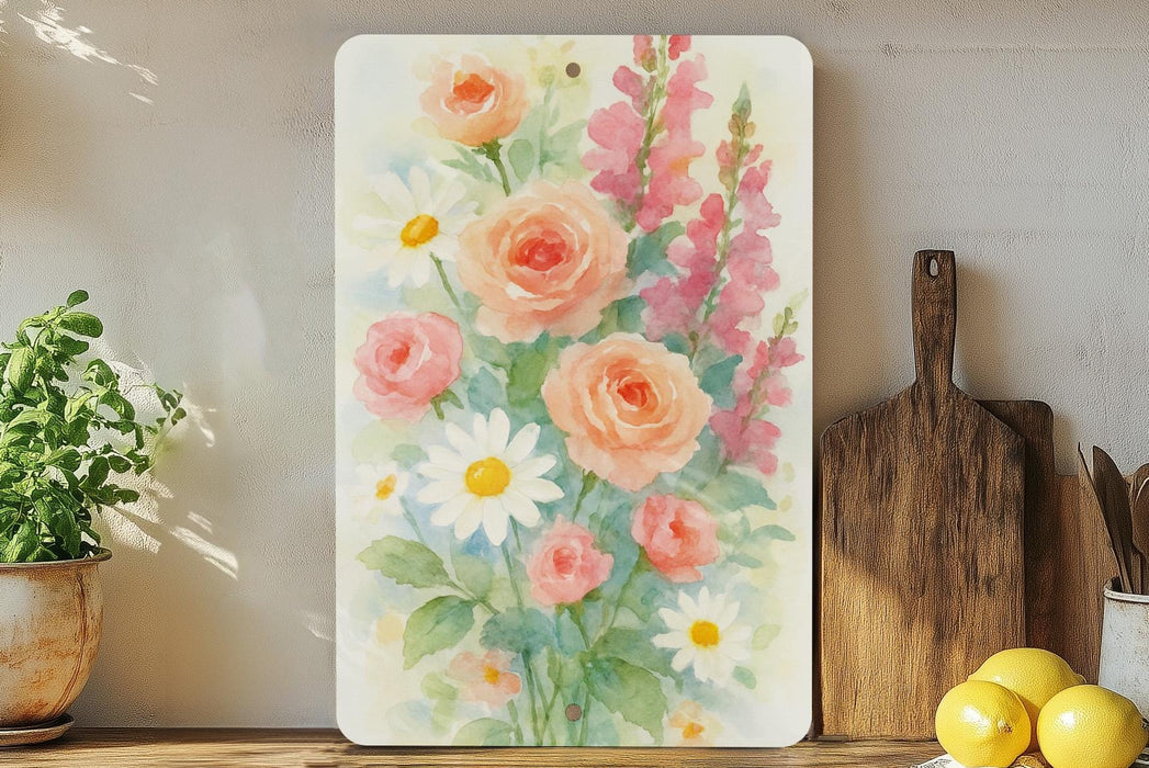 a painting of flowers on a shelf next to a potted plant
