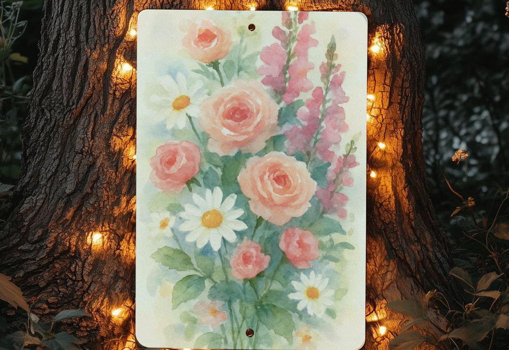 a painting of flowers is hanging on a tree