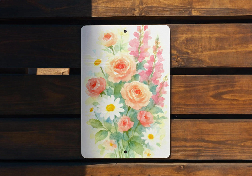 a painting of flowers on a wooden bench