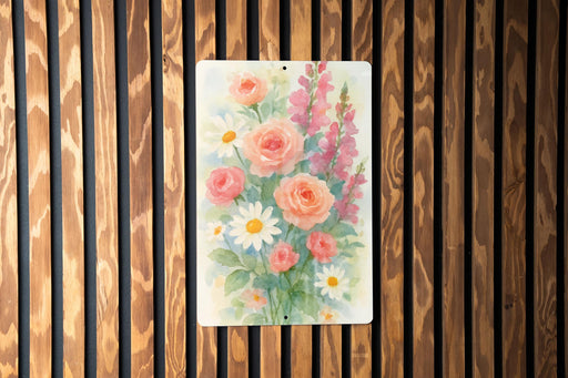 a painting of flowers on a wooden wall