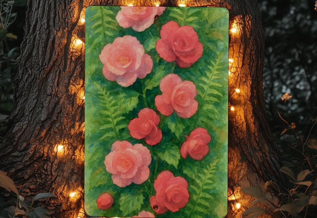 a painting of pink flowers on a green background