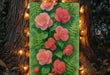 a painting of pink flowers on a green background