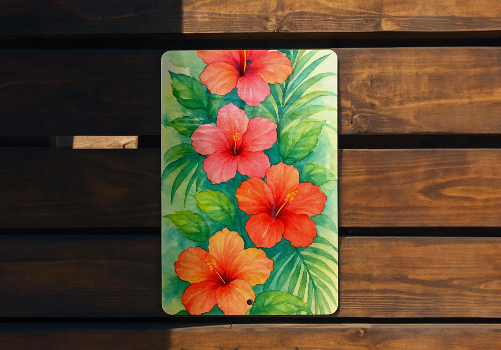 a painting of red and orange flowers on a wooden bench