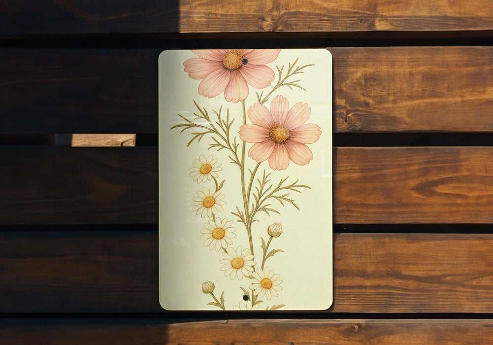 a picture of a flower on a wooden bench