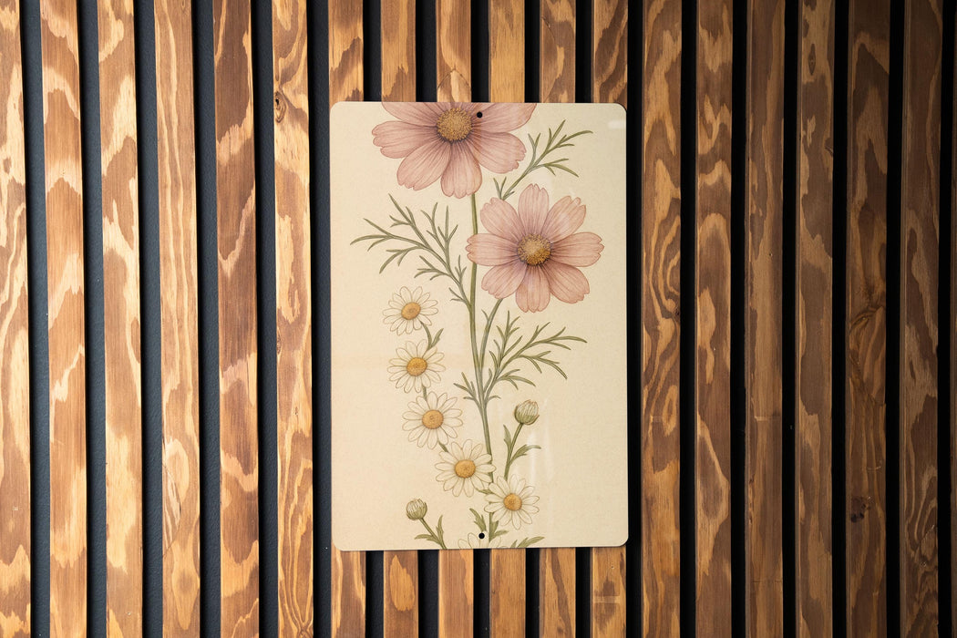 a picture of some flowers on a wooden wall
